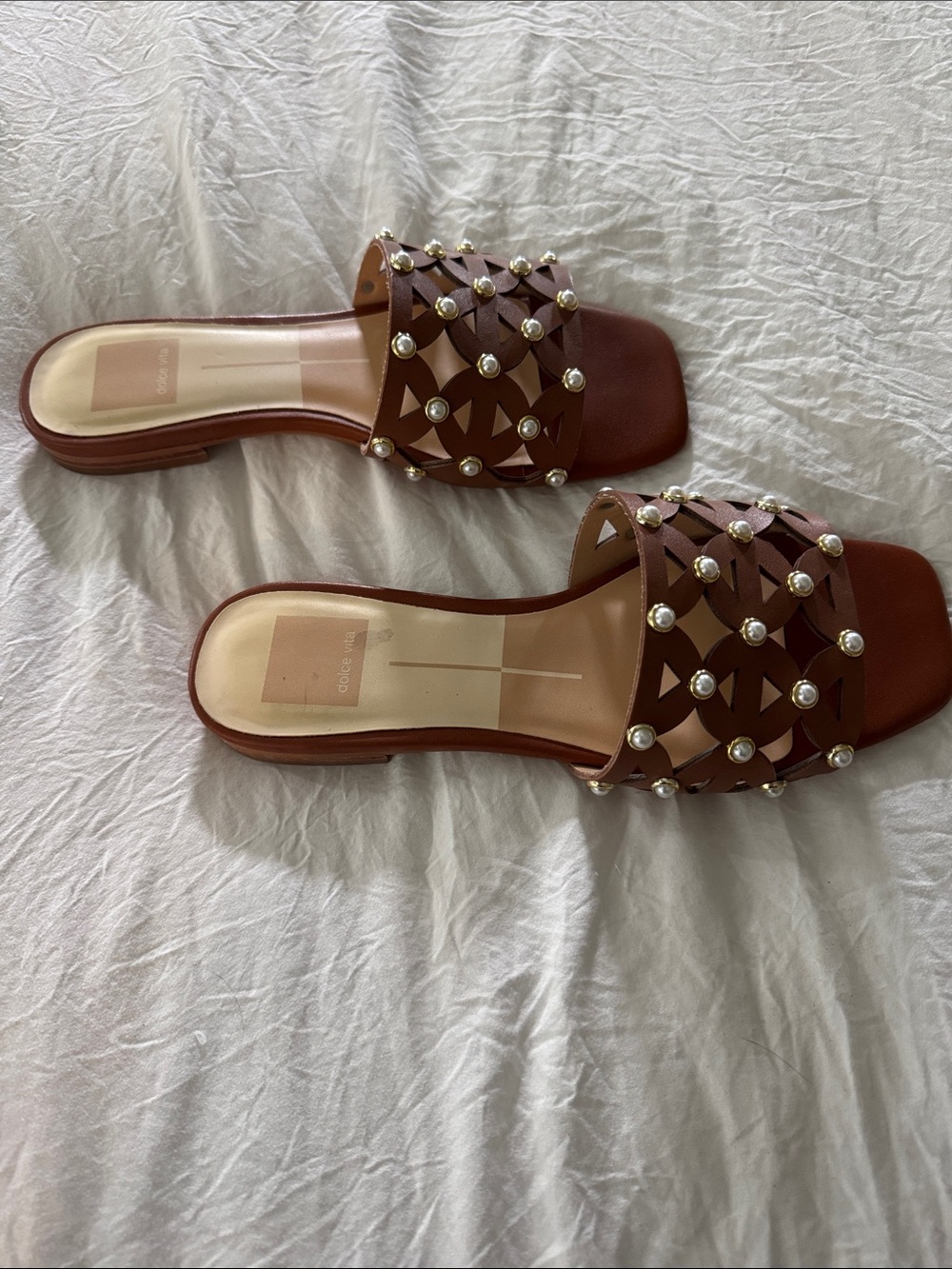 Dolce Vita Brown Pearl-Embellished Women's Slide Sandals